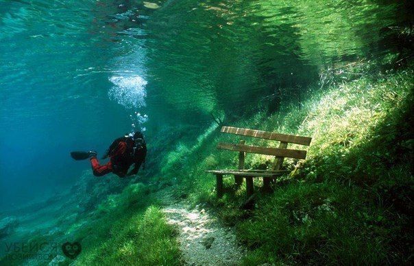 Это Зеленое озеро на самом деле парк в Австрии, но летом оно наполняется водой и превращается в озеро. На осень и зиму оно снова превращается в парк. Удивительное место!
